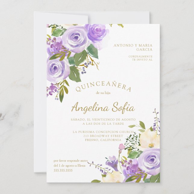 Watercolor Blommigt Guld Calligraphy Quinceanera Inbjudningar (Framsida)
