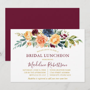 Watercolor Blommigt Guld Möhippa Luncheon Burgundy Inbjudningar