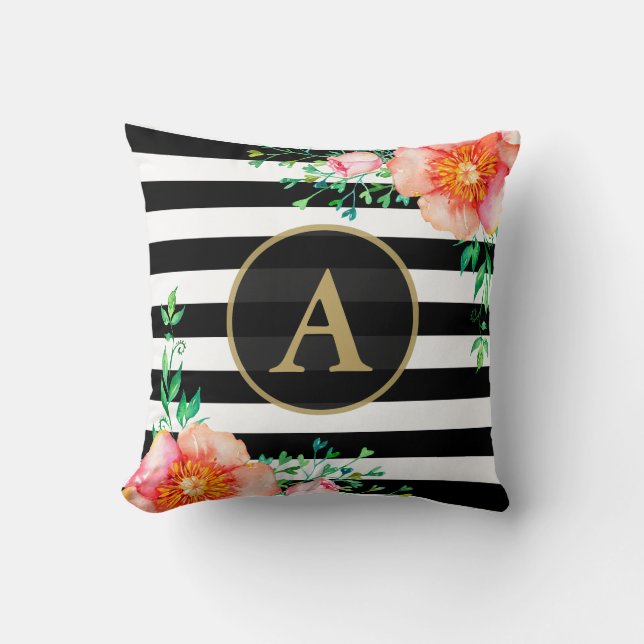Watercolor Blommigt Guld Monogram Black White Rand Kudde (Framsida)