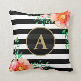 Watercolor Blommigt Guld Monogram Black White Rand Kudde