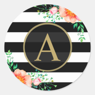Watercolor Blommigt Guld Monogram Black White Rand Runt Klistermärke