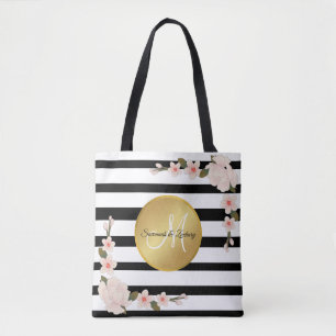 Watercolor Blommigt Guld Monogram Black White rand Tygkasse