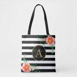 Watercolor Blommigt Guld Monogram Black White Rand Tygkasse