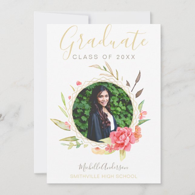 Watercolor Blommigt Guld Photo Studenten Meddelande (Framsida)