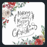 Watercolor Blommigt Holly God jul Fyrkantigt Klistermärke<br><div class="desc">Elegant moderna vattenfärgsblåsbär och blommigt god jul helgdag-klistermärken med böjd handskriven stil-skripttyp. Burster av rött,  grönt och sepia blommor och löv mot ett starkt vitt kort.</div>