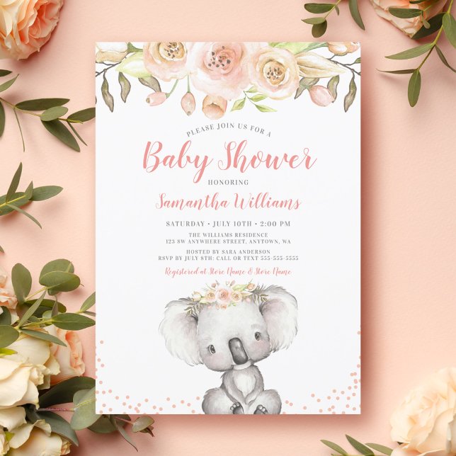 Watercolor Blommigt Koala Girl Baby Shower Inbjudningar (Skapare uppladdad)