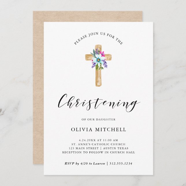 Watercolor Blommigt Kor Kraft look | Christening Inbjudningar (Fram/baksida)