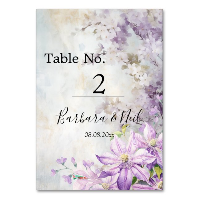Watercolor Blommigt Lavender Bröllop Bordsnummer (Framsidan)