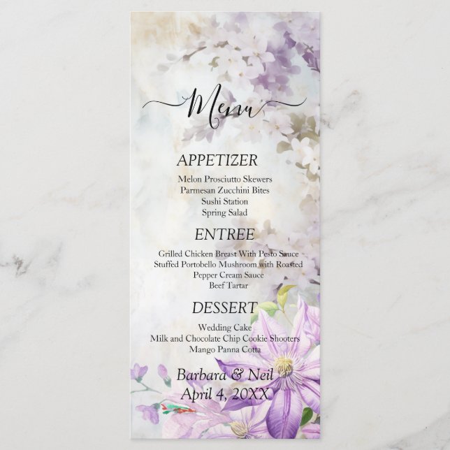 Watercolor Blommigt Lavender Bröllop Menu Meny (Framsida)
