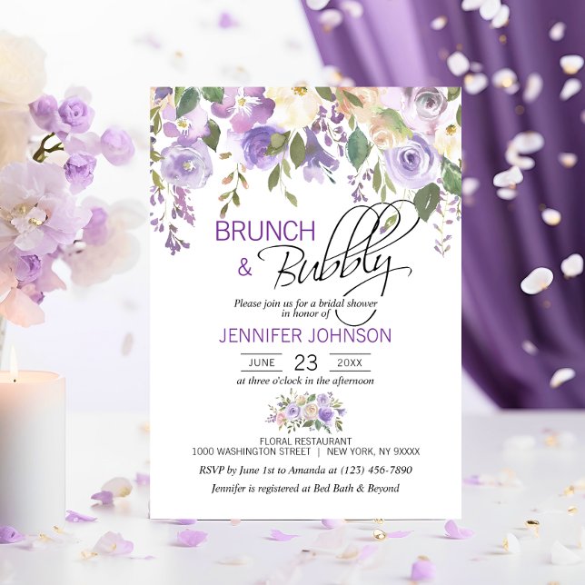 Watercolor Blommigt Lavender Lila Möhippa Brunch Inbjudningar (Watercolor Floral Lavender Purple Bridal Brunch Invitation)