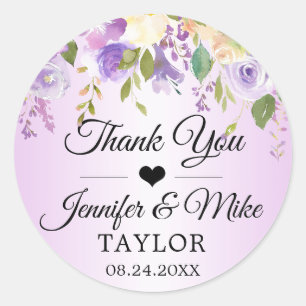 Watercolor Blommigt Lavender Lila Wedding Favor Runt Klistermärke