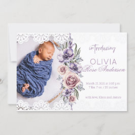 Watercolor Blommigt Lila Girl Birth Notice Inbjudningar