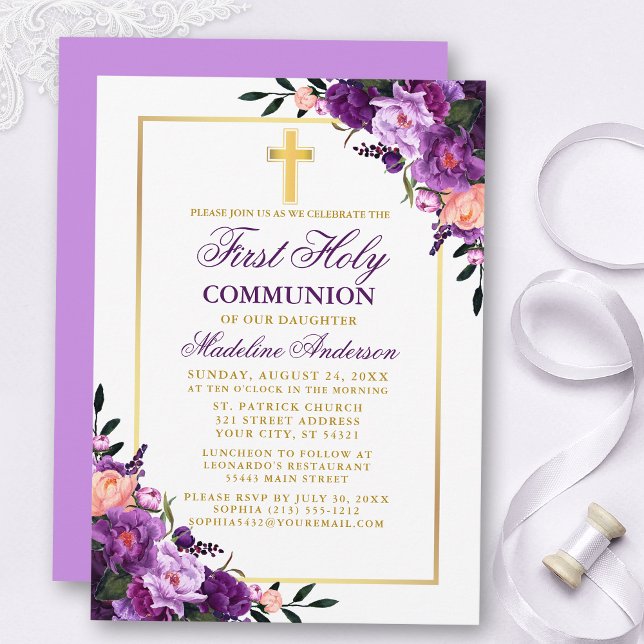 Watercolor Blommigt Lila Violet First Communion Inbjudningar (Customize to change text color, style, add text & photos to back or change color of back of card.)