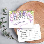 Watercolor Blommigt Lila Wisteria Spara datum Meddelande Vykort<br><div class="desc">Blommigt med vattenfärg Spara datum, droppa i söt wisteria, som du kan redigera för valfri tillfälle. Ditt speciella datum är skrivet på framsidan i lila handskript, med vattenfärgsblommor i lila-, lavender-, rosa- och mauve-nyans. Baksidan av vykortet är det redo som du kan anpassa med ditt namn, tillfälle och kort. Bläddra...</div>