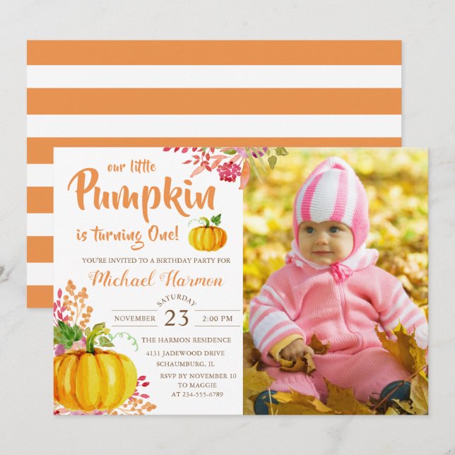 Watercolor Blommigt Little Pumpkin Birthday Photo Inbjudningar (Fram/baksida)