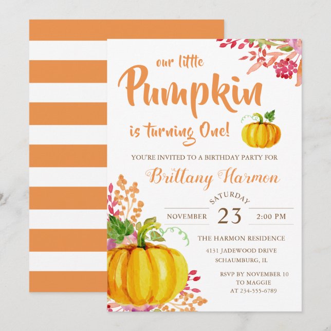 Watercolor Blommigt Little Pumpkin Girl Birthday Inbjudningar (Fram/baksida)