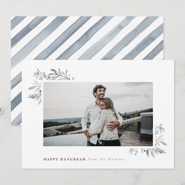 Watercolor Blommigt Lycklig Hanukkah Julkort (Fram/baksida)