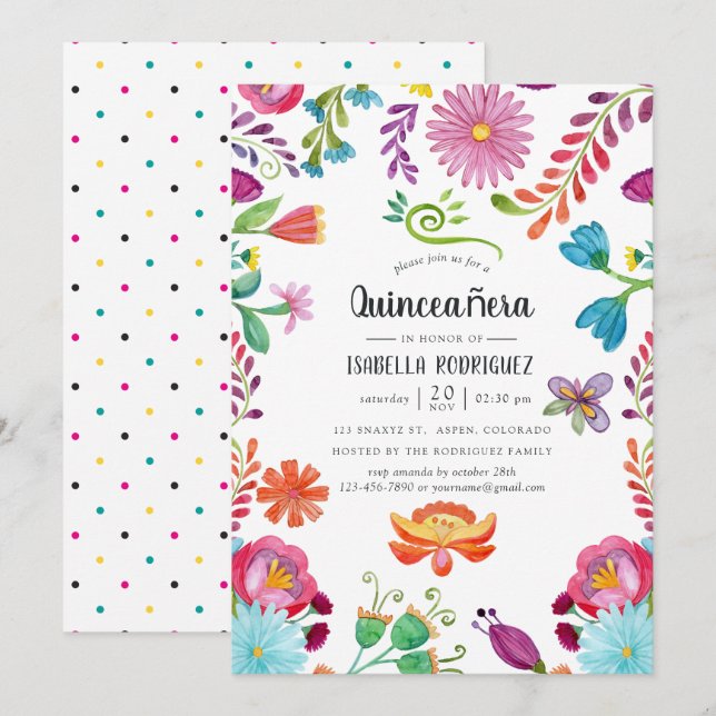 Watercolor Blommigt Mexican Fiesta Quinceañara Inbjudningar (Fram/baksida)