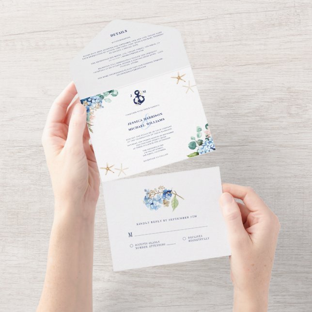 Watercolor Blommigt Monogram Anchor Beach Wedding (Avrivbar del)