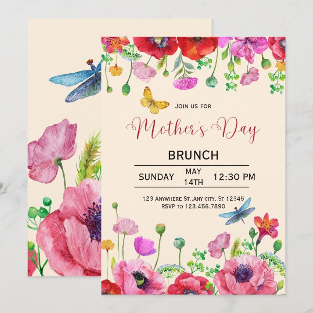 Watercolor Blommigt Mors dag Brunch Inbjudan (Fram/baksida)