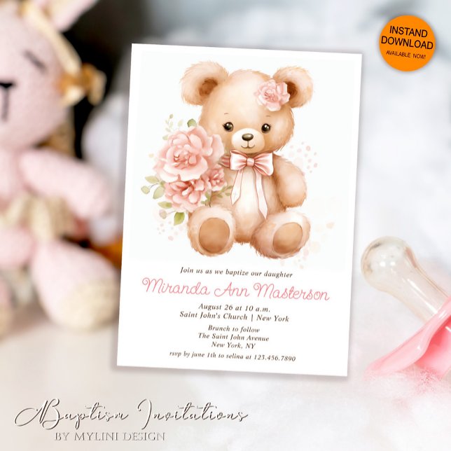 Watercolor Blommigt Nalle Girl Baptism Inbjudningar (Skapare uppladdad)
