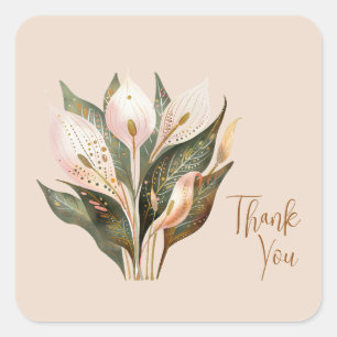 Watercolor Blommigt Peace Lily Peach Sage Tack Fyrkantigt Klistermärke