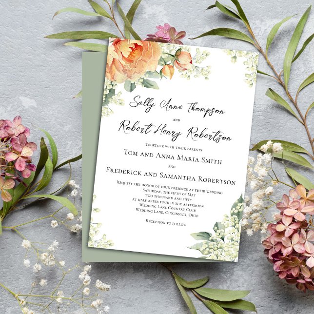 Watercolor Blommigt Peach Elegant bröllop Inbjudningar (Wedding beautiful peach floral invitations. )
