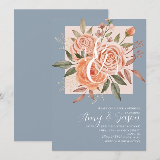 Watercolor Blommigt Peach Ro Dusty Blue Bröllop B Inbjudningar (Fram/baksida)