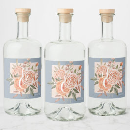 Watercolor Blommigt Peach Ro Dusty Blue Bröllop Spritflaskor Etikett