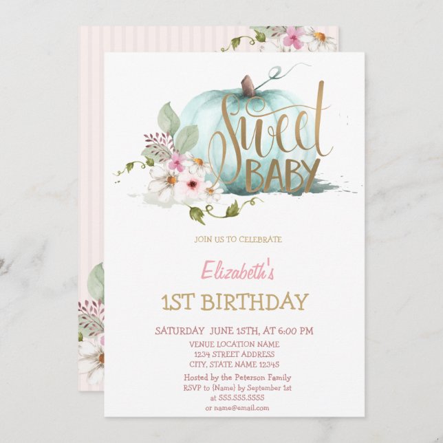 Watercolor Blommigt Pumpkin Stripe Birthday Inbjudningar (Fram/baksida)