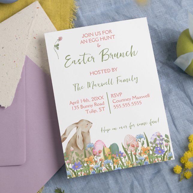 Watercolor Blommigt Rabbit Påsk Brunch & Egg Hunt Inbjudningar (Watercolor Floral Rabbit Easter Brunch & Egg Hunt Invitation
)