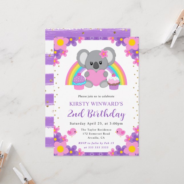 Watercolor Blommigt Rainbow Koala Birthday Inbjudningar (Fram/Back In Situ)