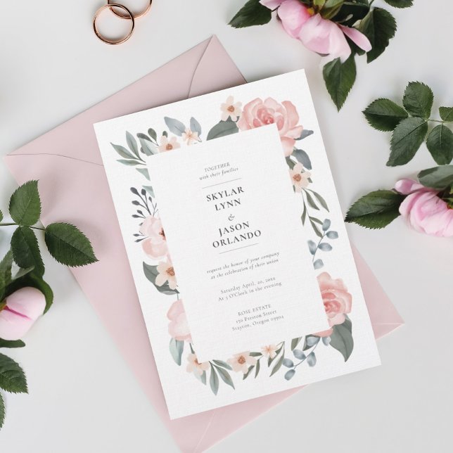 Watercolor Blommigt Ro & Sage Greenery Bröllop Inbjudningar (Watercolor Floral Rose & Sage Greenery Wedding Invitation)