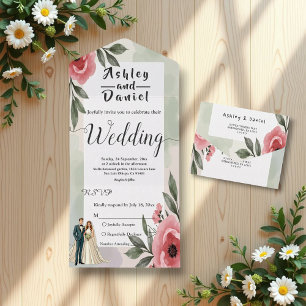 Watercolor Blommigt Romantic Couple Summer Bröllop