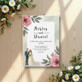 Watercolor Blommigt Romantic Couple Summer Bröllop Inbjudningar