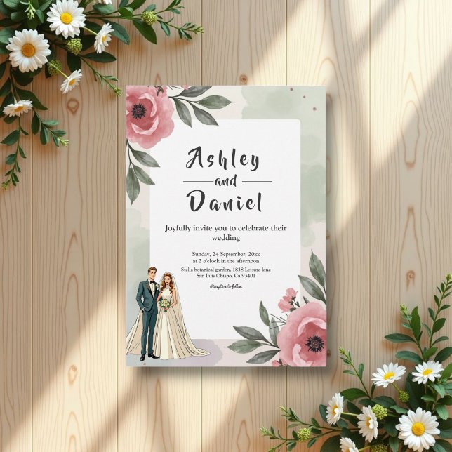 Watercolor Blommigt Romantic Couple Summer Bröllop Inbjudningar (Skapare uppladdad)