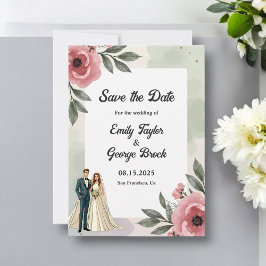 Watercolor Blommigt Romantic Couple Summer Bröllop Spara Datumet