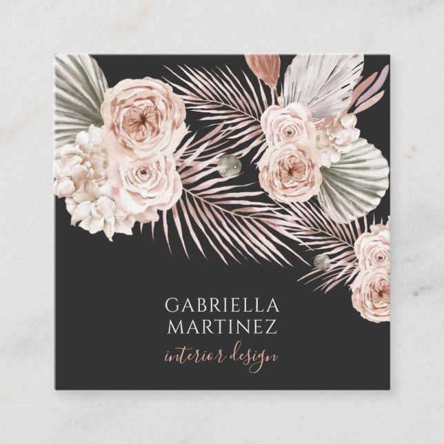 Watercolor Blommigt Rosa Black Insida Designer Fyrkantigt Visitkort (Framsida)