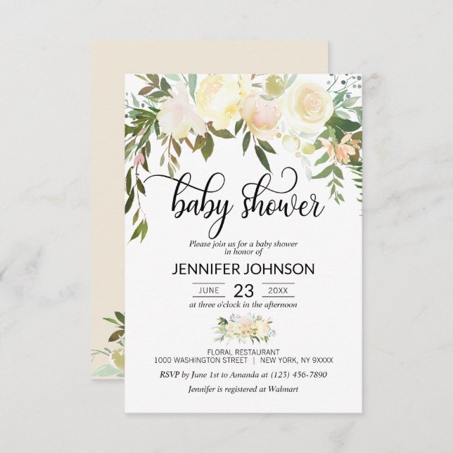 Watercolor Blommigt Rosa Cream Ivory Baby Shower Inbjudningar (Fram/baksida)