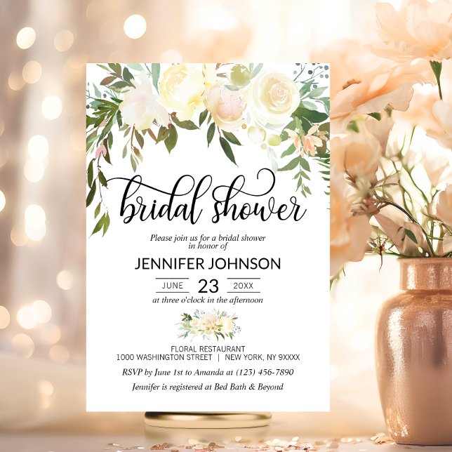 Watercolor Blommigt Rosa Cream Ivory Möhippa Inbjudningar (Watercolor Floral Pink Cream Ivory Bridal Shower Invitation)