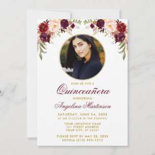 Watercolor Blommigt Round Photo Ram Quinceanera Inbjudningar