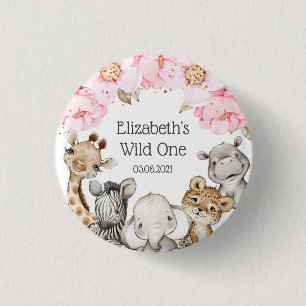 Watercolor Blommigt Safari Animals Peony Birthday Knapp