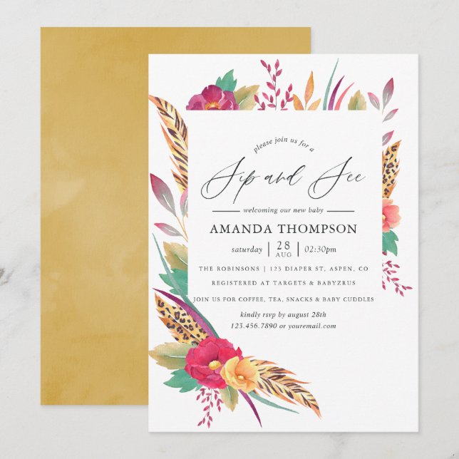 Watercolor Blommigt Safari Sip and See Inbjudningar (Fram/baksida)