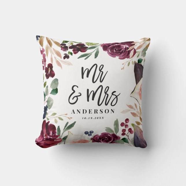 Watercolor blommigt + script bröllopsdag Mr & Mrs. Kudde (Framsida)