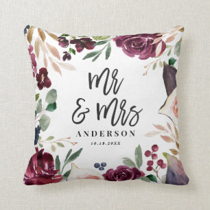 Watercolor blommigt + script bröllopsdag Mr & Mrs. Kudde