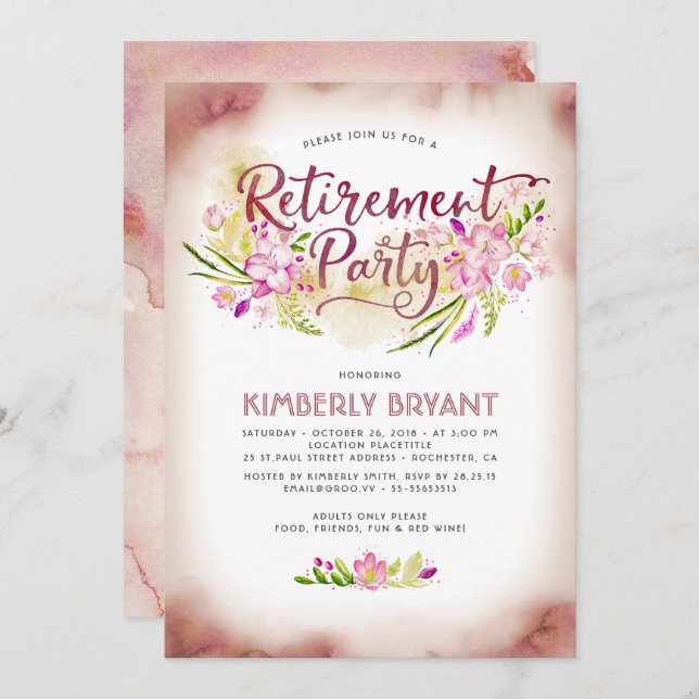 Watercolor Blommigt Script Elegant Pension Party Inbjudningar (Fram/baksida)