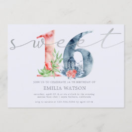 Watercolor blommigt-skript silver sweet sixteen inbjudningar