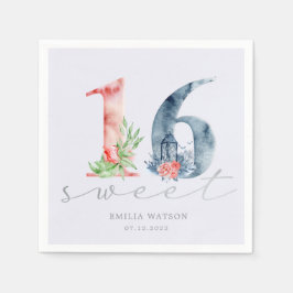 Watercolor blommigt-skript silver sweet sixteen pappersservett