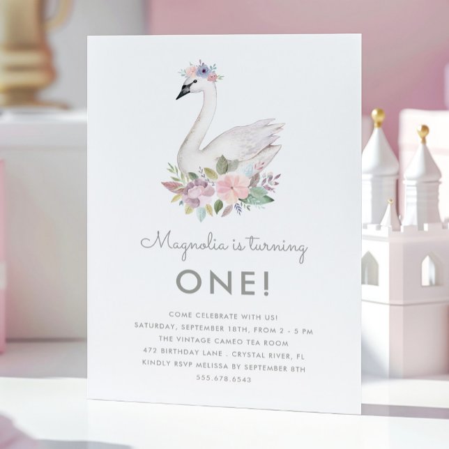 Watercolor Blommigt Svan Princess Birthday Rosa Inbjudningar (Skapare uppladdad)