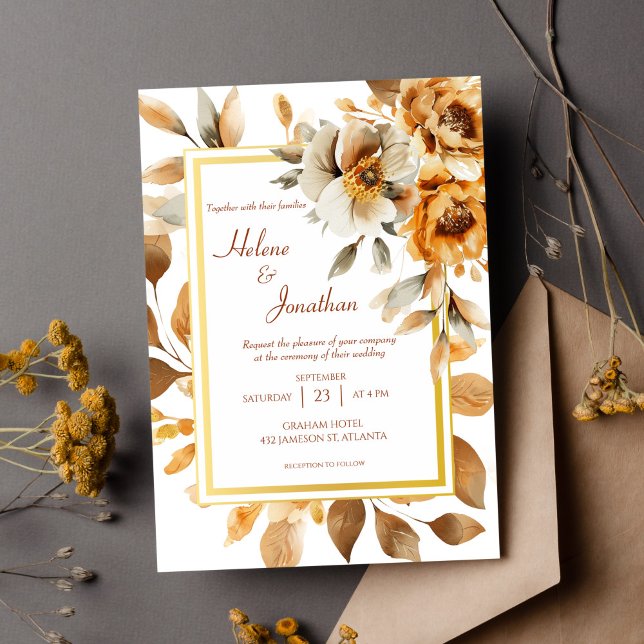 Watercolor Blommigt Terracotta Elegant bröllop Inbjudningar (Watercolor Floral Terracotta Elegant Wedding Invitation)